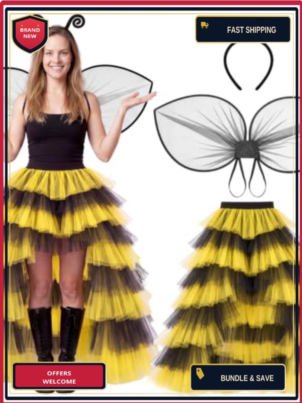 Queen Bee Costume Accessory Set Layered Tutu Skirt Wings Headband